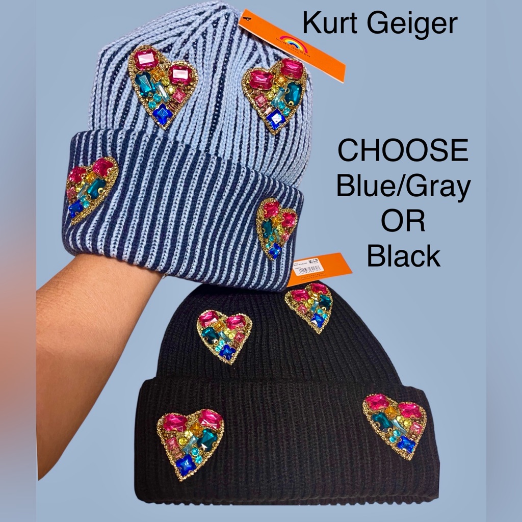 Kurt Geiger Rp$115 Choose Blue Or Black Gem Beanie-Hat With Crystal Hearts Nwt